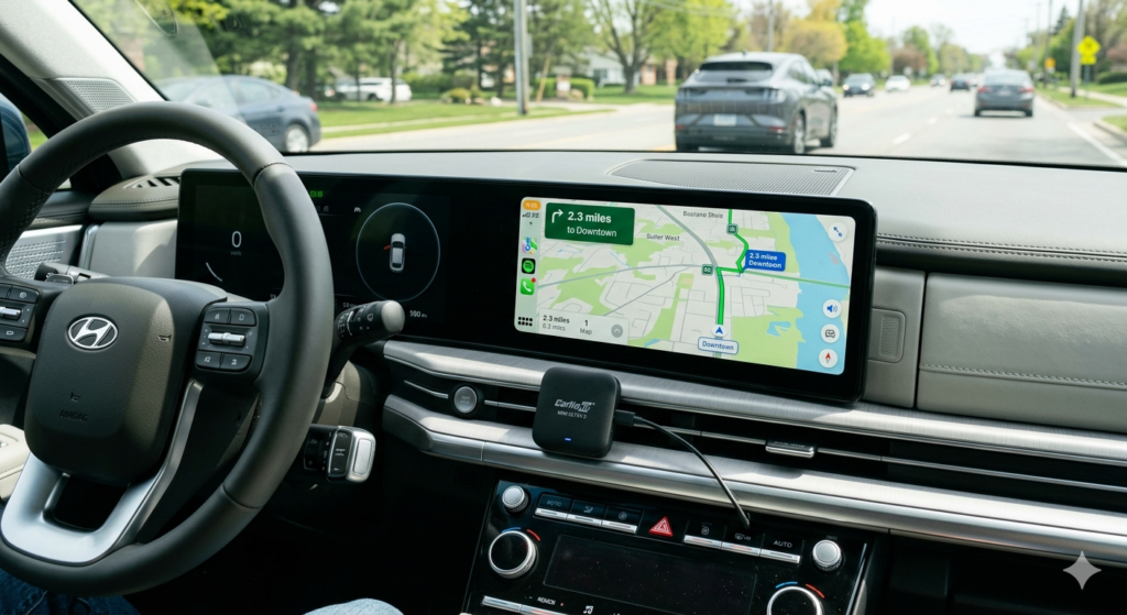 A high-definition shot of a compact wireless CarPlay adapter plugged into a car dashboard, running 60fps Apple CarPlay wirelessly.