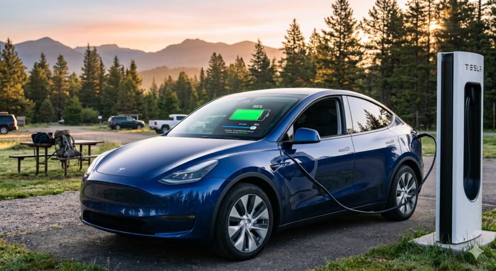 A 2026 Tesla Model Y charging at home, emphasizing long-term battery health management.