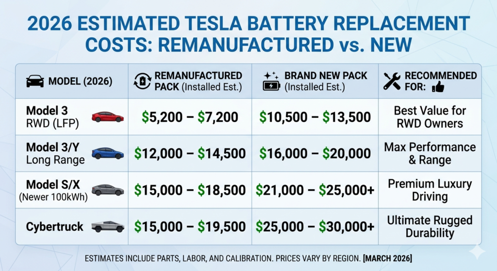 2026 Tesla battery replacement cost comparison chart for Model 3, Y, S, and X