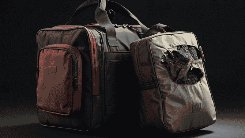 Comparison showing a heavy-duty ballistic nylon emergency bag and a torn cheap fabric bag after a simulated durability test.
