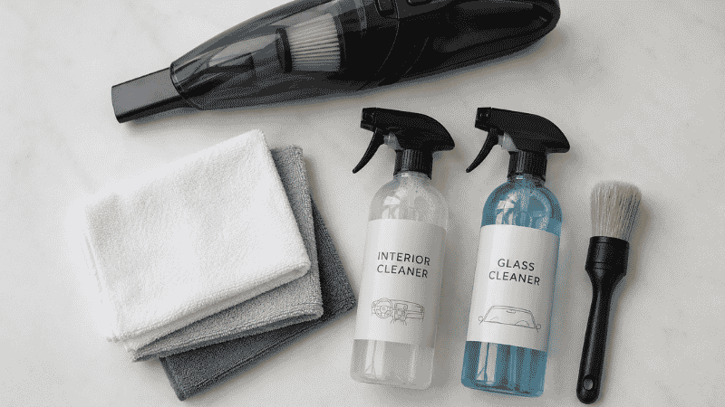 Car interior cleaning supplies laid out: microfiber cloths, handheld vacuum, interior spray, glass cleaner, and upholstery cleaner