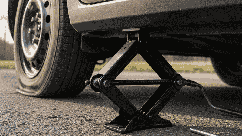 A scissor jack correctly positioned under a car's designated jack point on the rocker panel near a flat tire