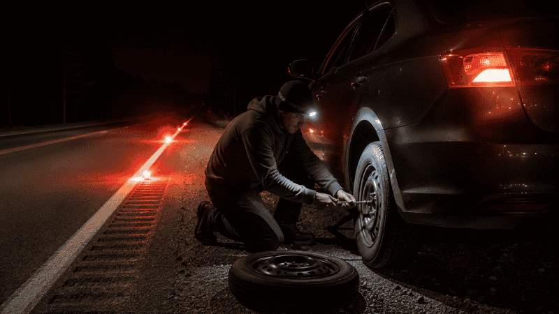 A person wearing a headlamp changing a flat tire at night on a road shoulder with road flares glowing behind the car for visibility