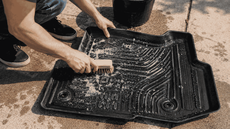 Scrubbing a black rubber all-weather car floor mat with a stiff brush outdoors on a driveway