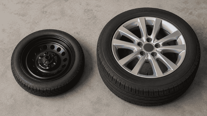 Side-by-side comparison of a compact donut spare tire and a full-size spare tire showing the significant size difference