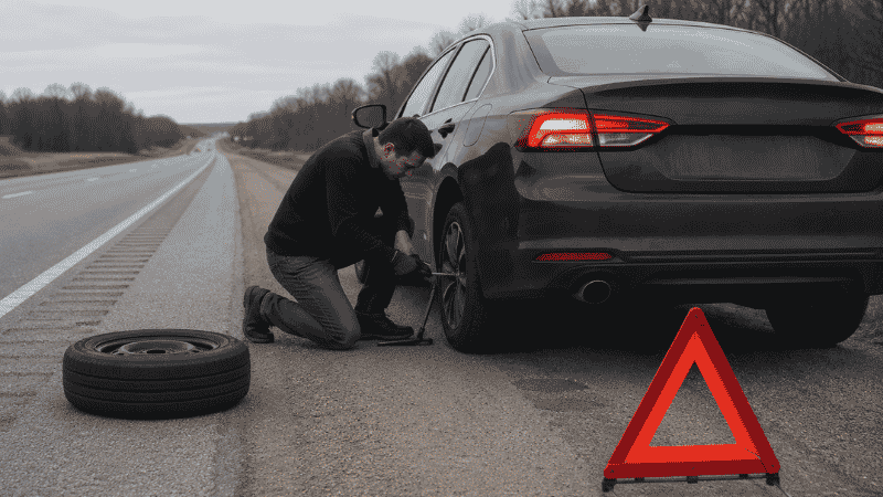 A person changing a flat tire on the side of a road with hazard lights on and a reflective triangle placed behind the car for safety