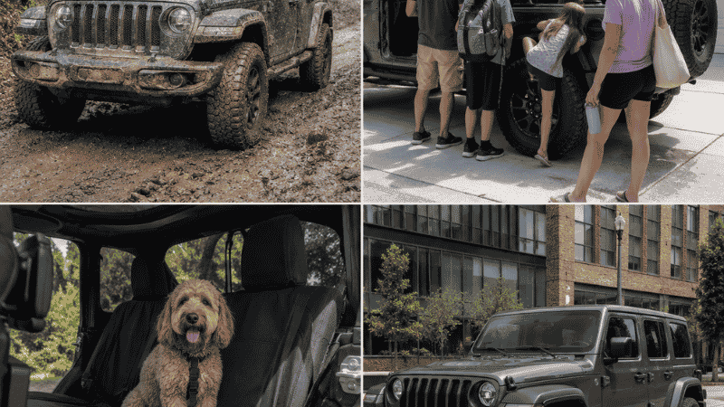 Four different Jeep Wrangler use scenarios shown side by side: off-roading in mud, family with kids, dog owner, and urban daily driver