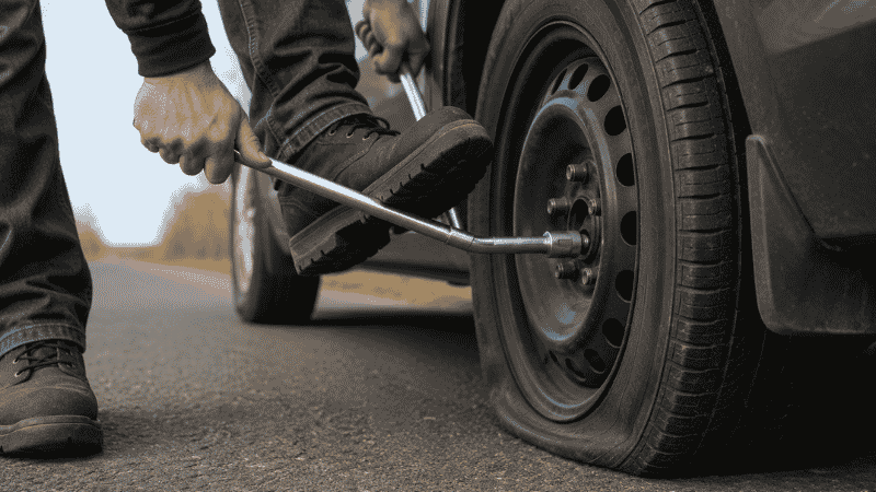 A person using a lug wrench to loosen lug nuts on a flat tire while the car is still on the ground before jacking it up