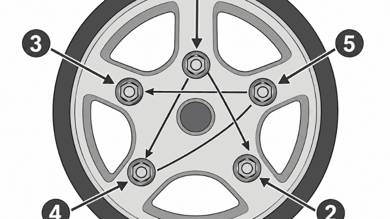 A diagram showing the star or crisscross pattern for tightening lug nuts on a five-lug wheel to ensure even seating