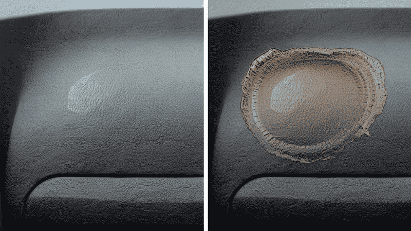 A side-by-side comparison of a clean car dashboard versus one with a permanent ring and sticky residue caused by a melted cheap adhesive mount.