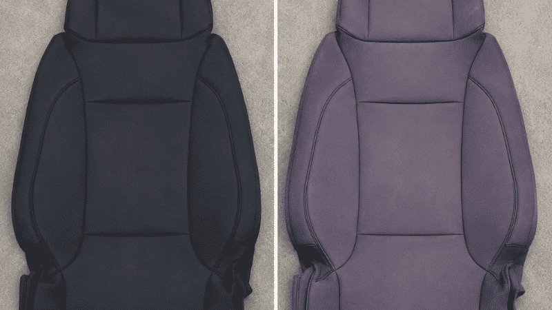Side-by-side comparison of a new black neoprene car seat cover next to a sun-faded purple neoprene seat cover showing UV discoloration