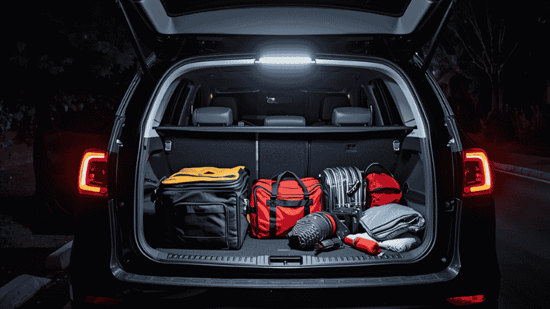 A high-quality, organized car emergency kit open in an SUV trunk at night, illuminated by a professional LED work light.