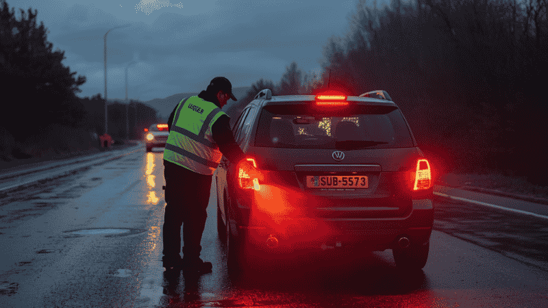 A driver in a high-visibility safety vest placing an LED emergency flare behind a stopped vehicle on a rainy road at dusk.