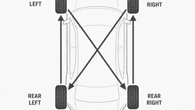 Diagram showing the forward cross tire rotation pattern for front-wheel drive vehicles with arrows indicating how each tire moves to its new position