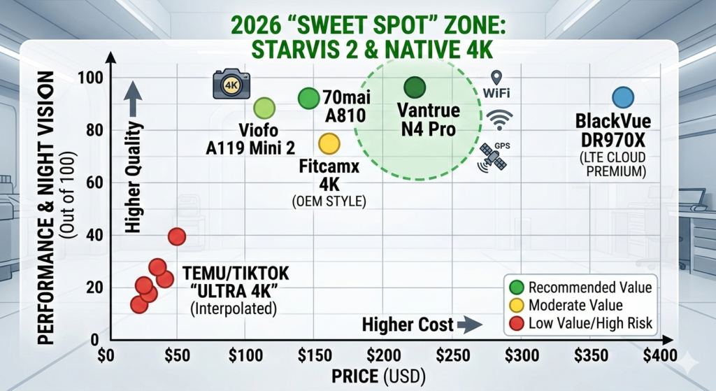 A scatter plot graph showing 2026 dash cam models like Vantrue and 70mai clustered in the 'Sweet Spot' of high performance and low cost.