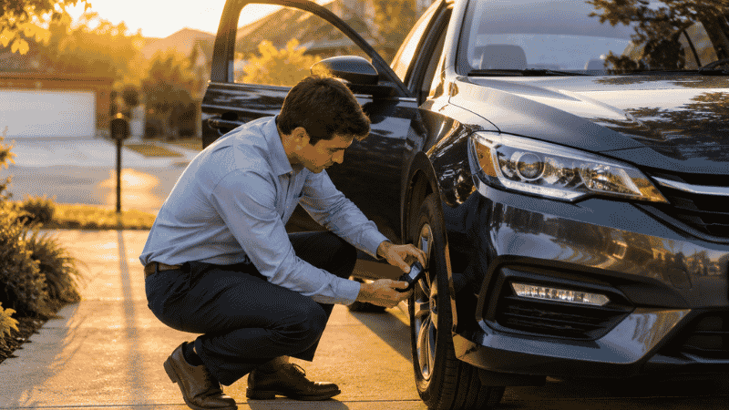 A person doing a quick 5-minute car check in the morning before work — checking tire pressure and walking around the car to inspect lights and condition