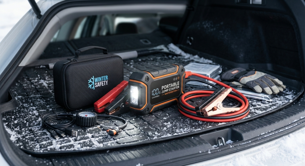 Portable jump starter kit for winter vehicle safety gear.