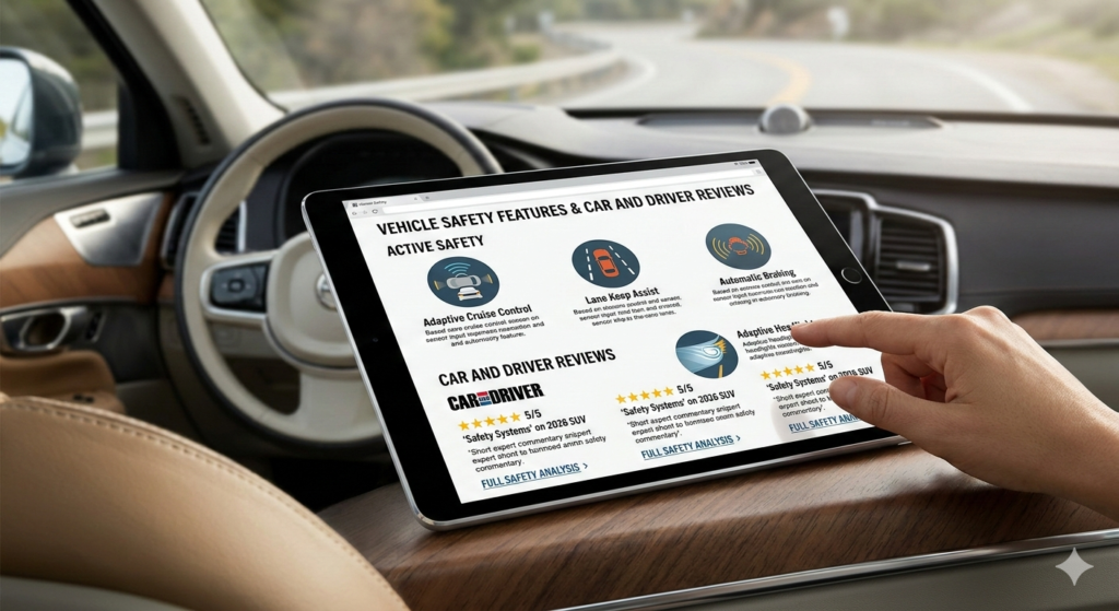 Safety features and car and driver reviews interface on a tablet.