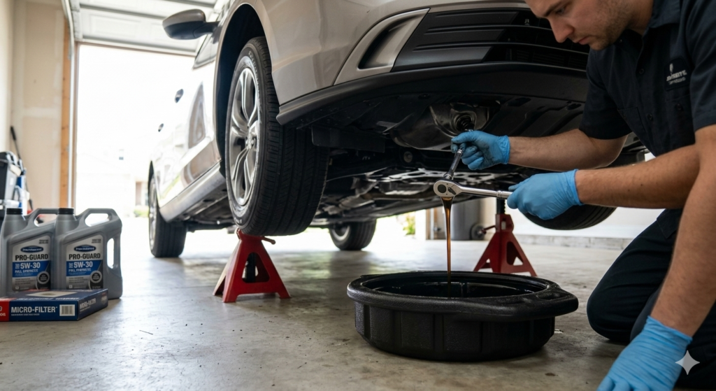 Step-by-step how to do oil change draining old dark engine oil.