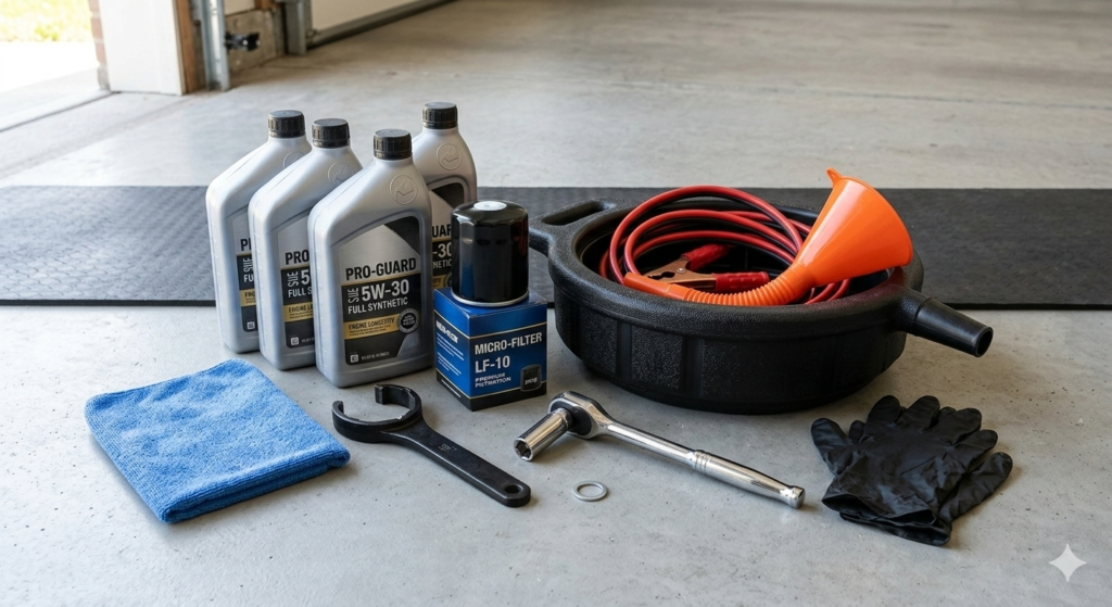 Essential tools for how to do oil change including wrench and oil pan.