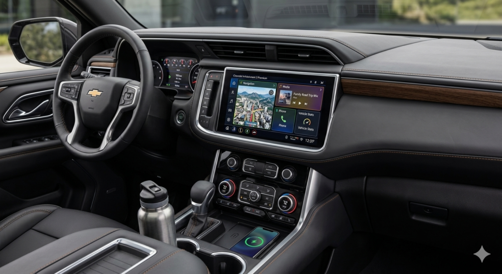 The 17.7-inch advanced color LCD display in the 2026 Chevy Tahoe interior.