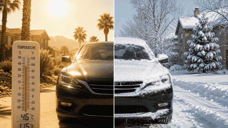 A split image showing a car battery in extreme summer heat on one side and winter snow on the other, illustrating how climate affects battery lifespan
