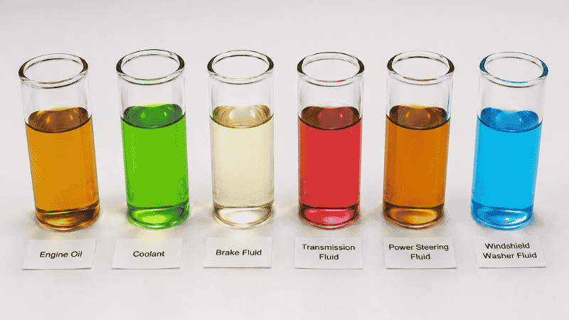 Six small glass containers showing the colors of healthy car fluids: amber engine oil, green coolant, clear brake fluid, red transmission fluid, amber power steering fluid, and blue washer fluid