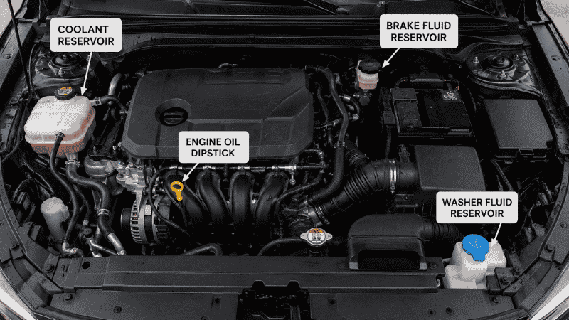 An open car engine bay with labels or arrows pointing to the locations of the six main fluid reservoirs for a monthly fluid check routine