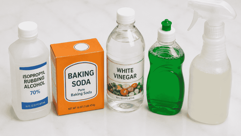 Various car seat stain removal products laid out: enzyme cleaner, white vinegar, isopropyl alcohol, dish soap, and baking soda