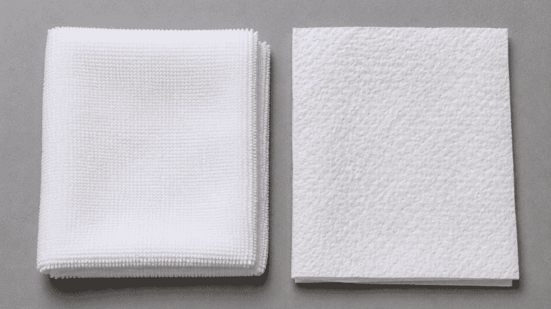 Side by side comparison of a microfiber cloth and paper towels showing why microfiber is better for car window cleaning