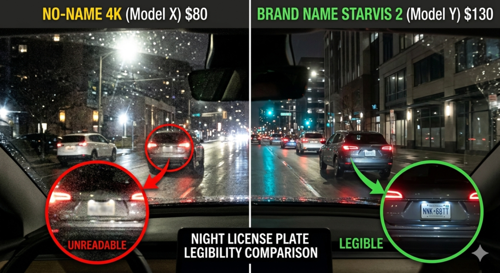 Side-by-side night footage comparison of an $80 generic dash cam versus a $130 Starvis 2 camera, showing clear license plate legibility.