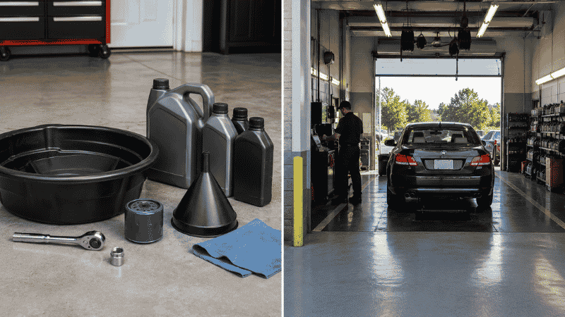 A split image showing DIY oil change tools and materials on one side versus a quick-lube service shop bay on the other, illustrating the cost comparison decision