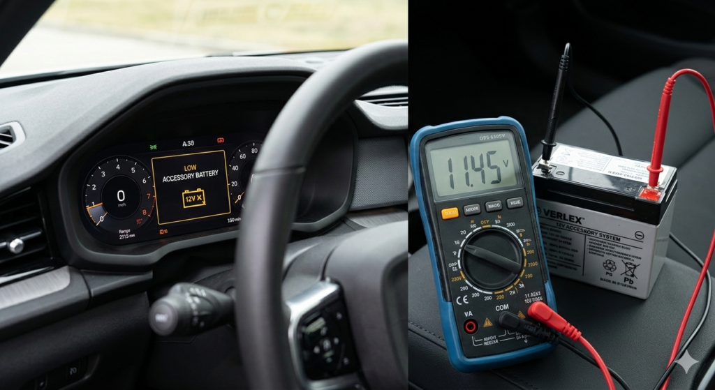 A split screen showing a Tesla low accessory battery warning on the dashboard and a multimeter measuring a low 11.45V battery.