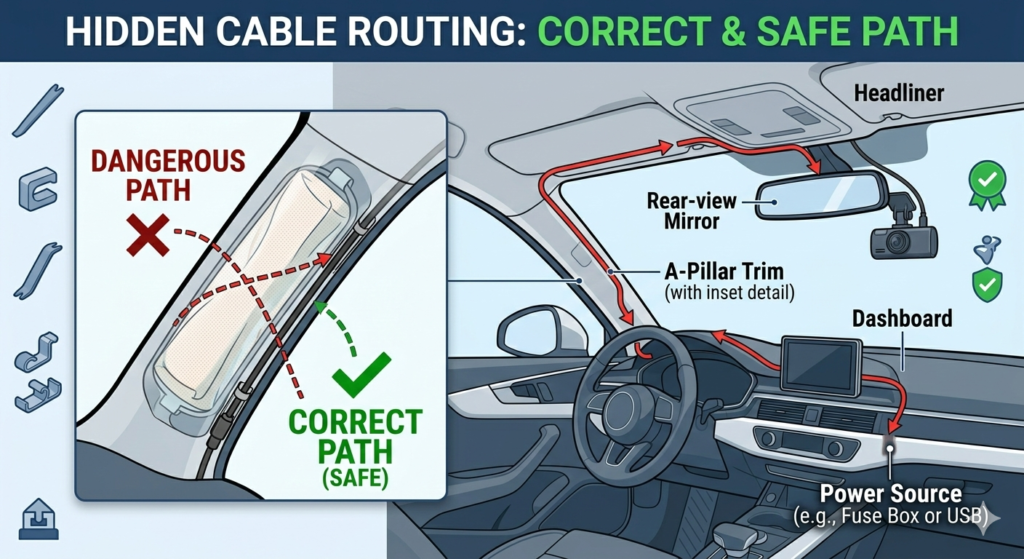 Infographic showing the safe and correct cable routing path for hidden dash cam installation, avoiding A-pillar airbags.