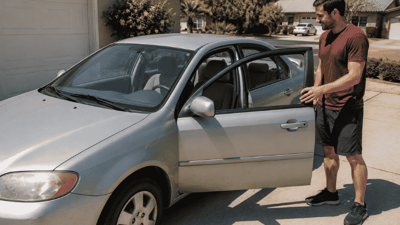 A person opening a car door to air out the interior with all windows down on a sunny day, attempting to remove bad odors from the car