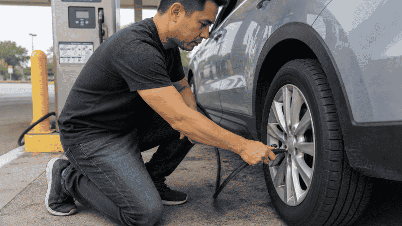 A person using a gas station air compressor hose to inflate a car tire, pressing the hose nozzle onto the valve stem
