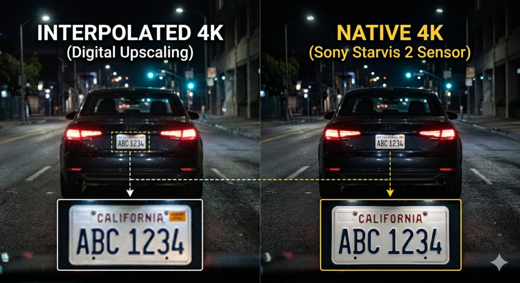 Side-by-side comparison of interpolated 4K vs native 4K dash cam footage showing license plate clarity at night.