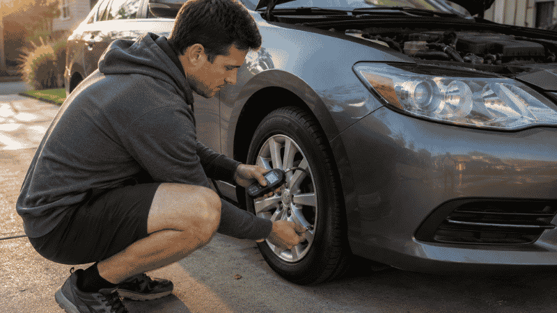 A person performing a monthly car maintenance check — checking tire pressure with a gauge and looking at the engine oil dipstick in a driveway
