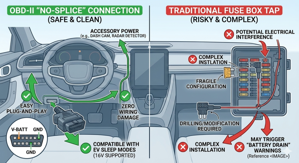 Comparison infographic showing a safe OBD-II no-splice connection versus a risky traditional fuse box tap for EV dash cam installation.