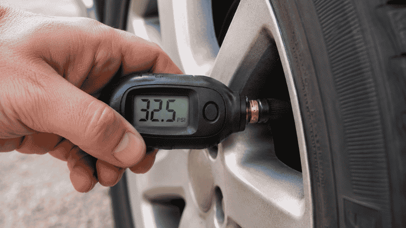 Close-up of a hand pressing a digital tire pressure gauge squarely onto a tire valve stem to get an accurate pressure reading