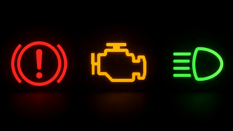 Three car dashboard warning light examples showing the color urgency system: a red critical warning light, an orange caution warning light, and a green informational indicator light
