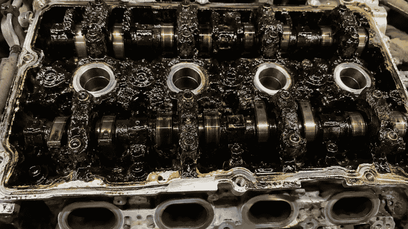 An open car engine valve cover showing thick dark engine oil sludge buildup from neglected oil changes, illustrating the consequence of ignoring the service engine soon light