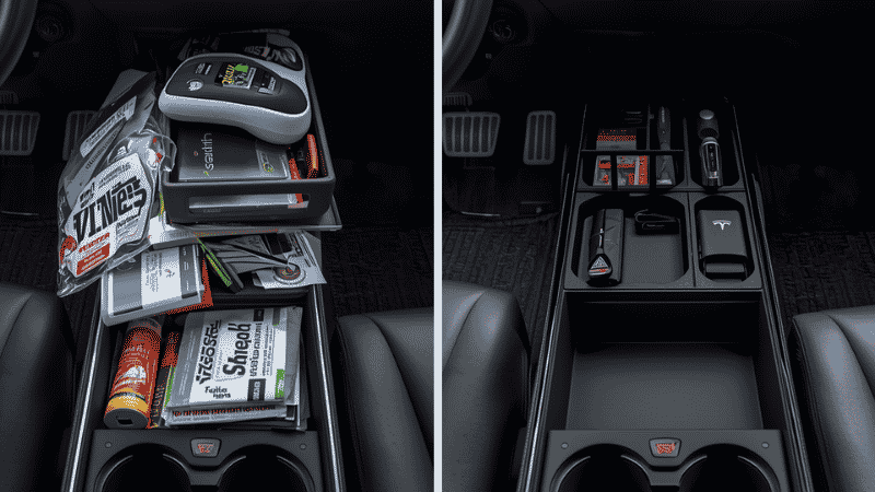 Comparison of a cluttered Tesla center console versus a tidy interior using modular storage dividers.