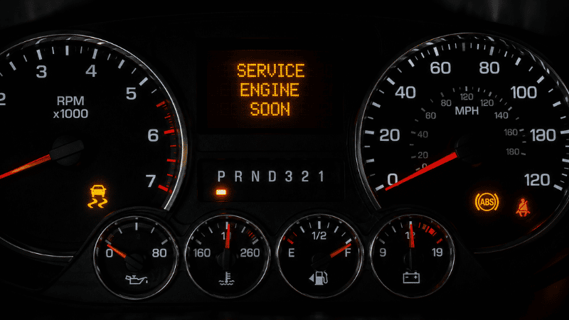 A GM Chevrolet vehicle dashboard showing the Service Engine Soon text illuminated, which on GM vehicles functions as the Check Engine light rather than a routine maintenance reminder
