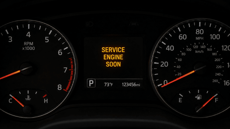 A car dashboard showing the Service Engine Soon text illuminated in orange on the instrument cluster, a common maintenance reminder light