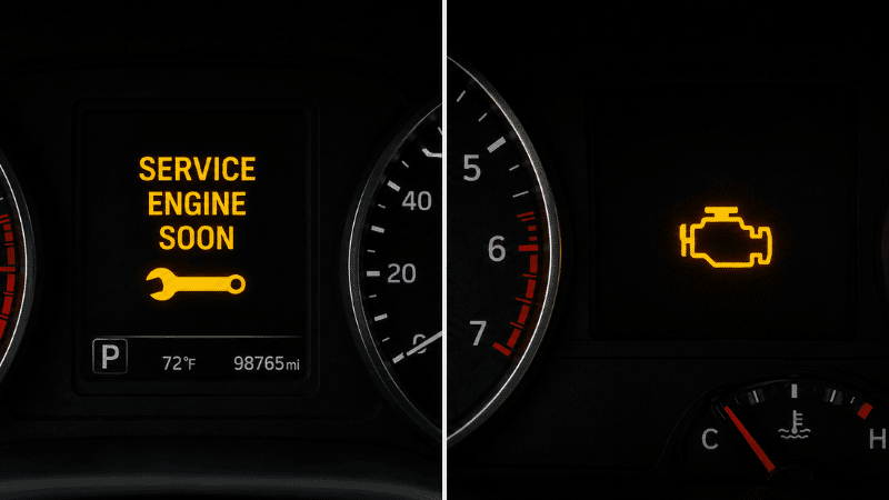 Side by side comparison of a Service Engine Soon text reminder light and a Check Engine engine icon warning light on two different car dashboards