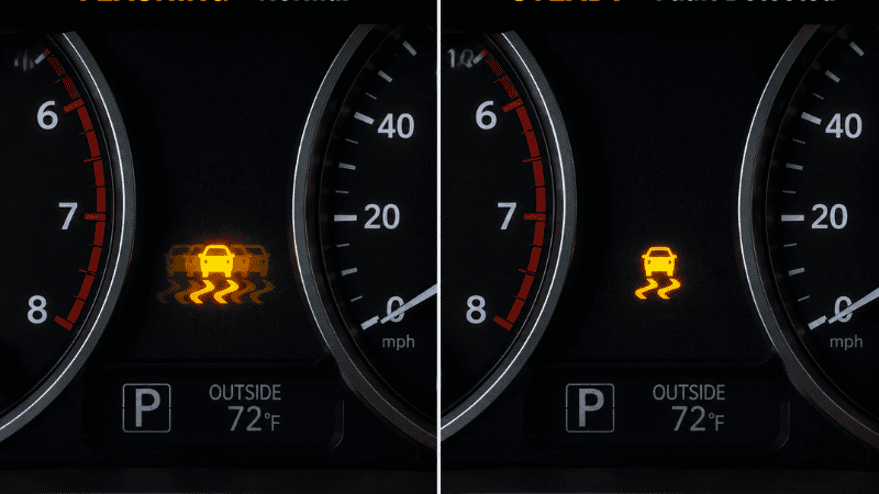 Two side-by-side dashboard views showing the difference between a flashing traction control light indicating normal operation and a steady solid light indicating a system fault