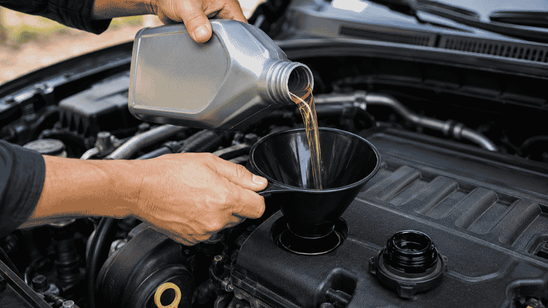 A person using a black plastic funnel to carefully pour engine oil into the oil filler opening on top of a car engine, with the oil filler cap removed and set aside
