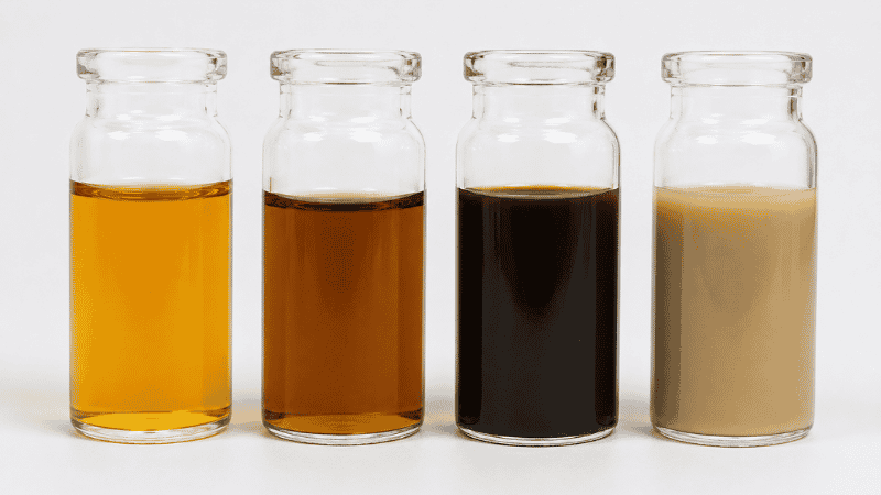 Four small glass containers showing different engine oil colors from left to right: golden amber fresh oil, light brown used oil, dark brown aging oil, and milky gray contaminated oil indicating coolant mixing