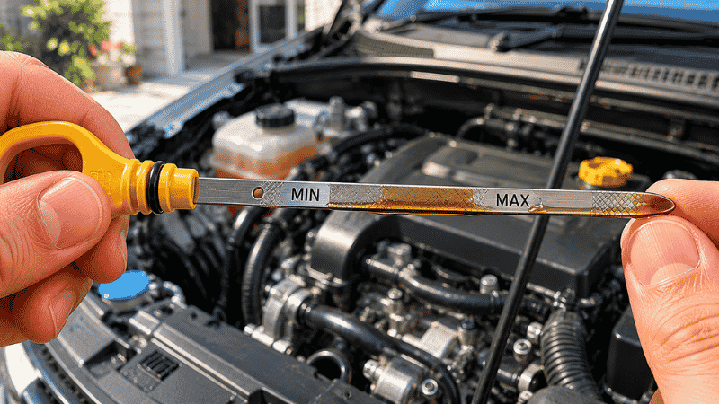 A person holding a clean oil dipstick horizontally to read the engine oil level between the MIN and MAX marks in a car engine bay